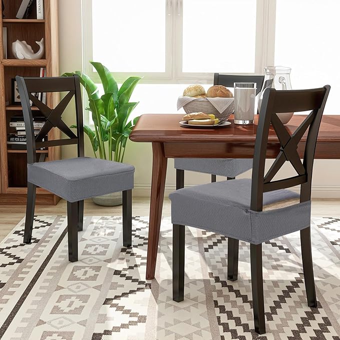 Smiry Waterproof Seat Covers for Dining Room Chairs Set of 8, Stretch Jacquard Removable Washable Chair Seat Slipcovers Protector, No Rear Covers, Grey