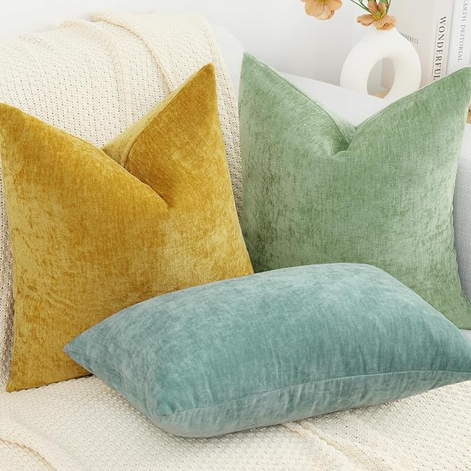 decorUhome Chenille Mineral Yellow Christmas Throw Pillow Covers 26x26 Inch Set of 2, Decorative Soft Couch Pillow Covers Solid Dyed Accent Farmhouse Neutral Square Pillow Cases for Sofa