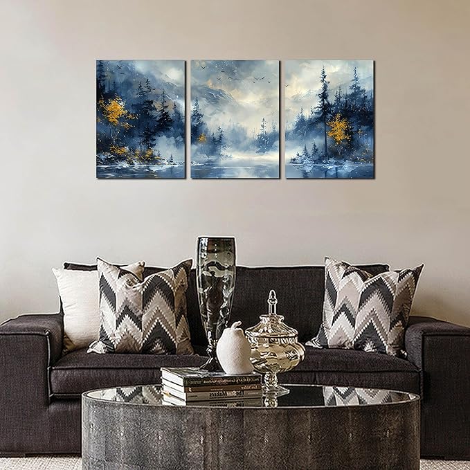 SIXTTART Forest Pictures Wall Art for Office - Modern Blue Canvas Art Wall Decor for Living Room - 3 Piece Wall Art for Bedroom Size 12" x 16"
