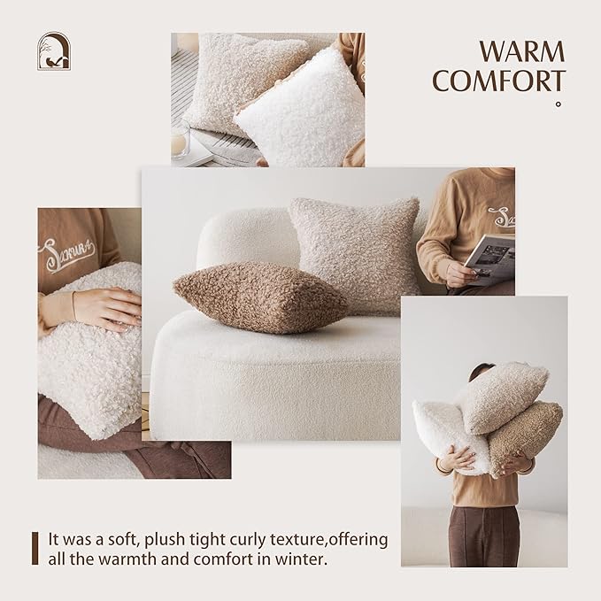 Foindtower 2 Pieces 16x16 Inch Chocolate, Faux Fur Throw Pillow Cover Accent Sherpa Pillow Fuzzy Soft Pillowcases Sheepskin Decorative Fleece Cushion Case for Bed Couch Living Room