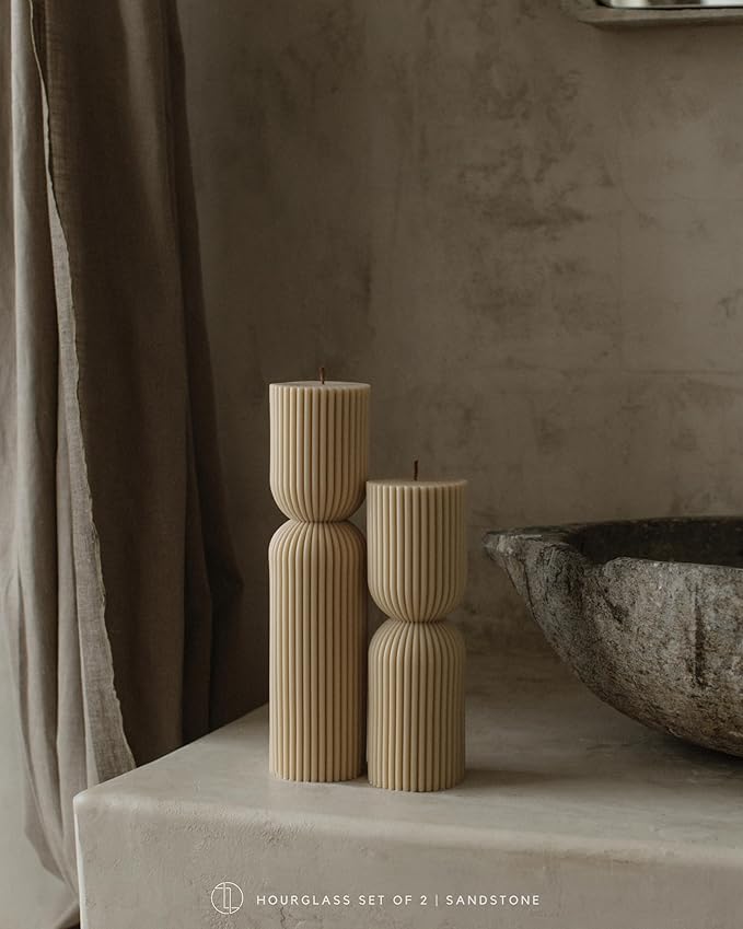 LAWA Hourglass Pillar Candle - Large Beautiful Handmade Pillar Scented Soy Wax Candle Elegant Bubble Aesthetic Candle Housewarming Gift Home Room Shelf Decor Idea Sandstone (Set of 2)