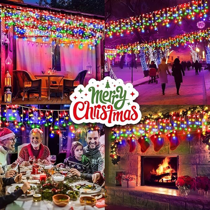 SAUIRS 100FT 960 LED Christmas Lights Outdoor Decorations with 180 Drops Timer 8Mode Curtaing String Lights Waterproof Plug in Fairy Lights for Indoor,Xmas,Party,Patio,Window,Trees Decor(Multicolor)