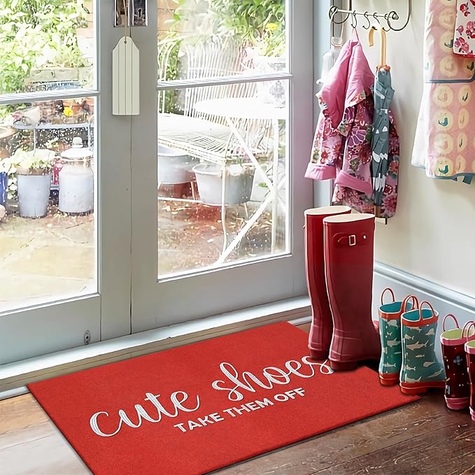 AOAOPQ Take Shoes Off Front Door Mat Indoor Outdoor Entrance Weather Doormat, Sturdy Natural Back Rubber Mats Easy Clean Patio Porch Entryway Red Mat