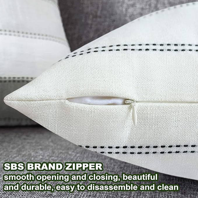 AmHoo Pack of 2 Farmhouse Stripe Check Throw Pillow Covers Set Case Cotton Linen Decorative Pillowcases Cushion Cover for Couch Bench Sofa 26x26Inch Cream