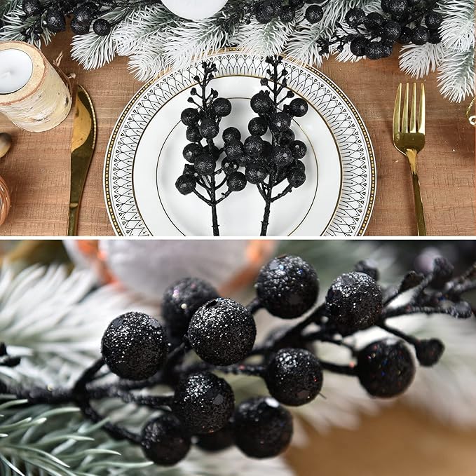Lvydec 16pcs Christmas Glitter Berry Stems, 7.8" Artificial Christmas Picks for Christmas Tree Ornaments, DIY Xmas Wreath, Crafts, Holiday and Home Decor (Black)