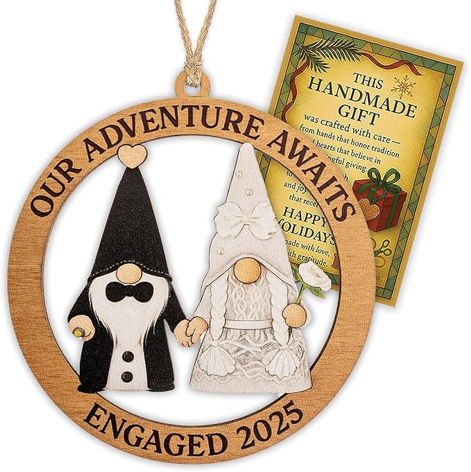 Engagement Ornament, Gnome Ornaments, Gnome Gifts for Women, Wedding Ornaments, Our Adventure Awaits Engaged 2025 Wooden Keepsake, Handmade Couple Christmas Decoration, Engagement Gifts Ready to Gift