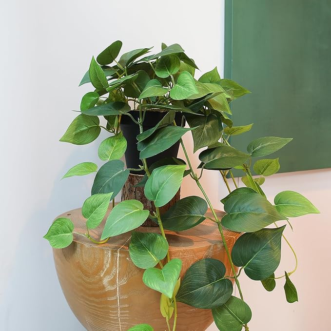 alyptus Fake Pothos Hanging Plants – 33" Set of 2 Faux Ivy Vines with Pots, Realistic Silk Devil’s Ivy for Indoor Décor, Low Maintenance Artificial Greenery for Home or Office (Green)