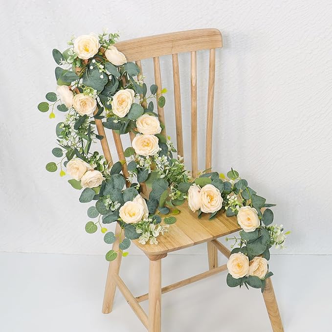TOCHGREEN 2 Pack 12Ft Artificial Eucalyptus Flower Garland with Champagne Roses, Fake Rose Flower Greenery Garland Floral Vines for Wedding Home Party Table Runner Decor (2PCS, Champagne)
