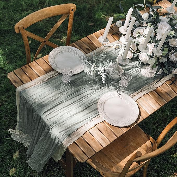Vitalizart Cheesecloth Table Runner 10ft Gauze Boho Rustic Light Gray Cheese Cloth Table Runner for Wedding Bridal Shower Fall Thanskgiving Decoration 120 Inches