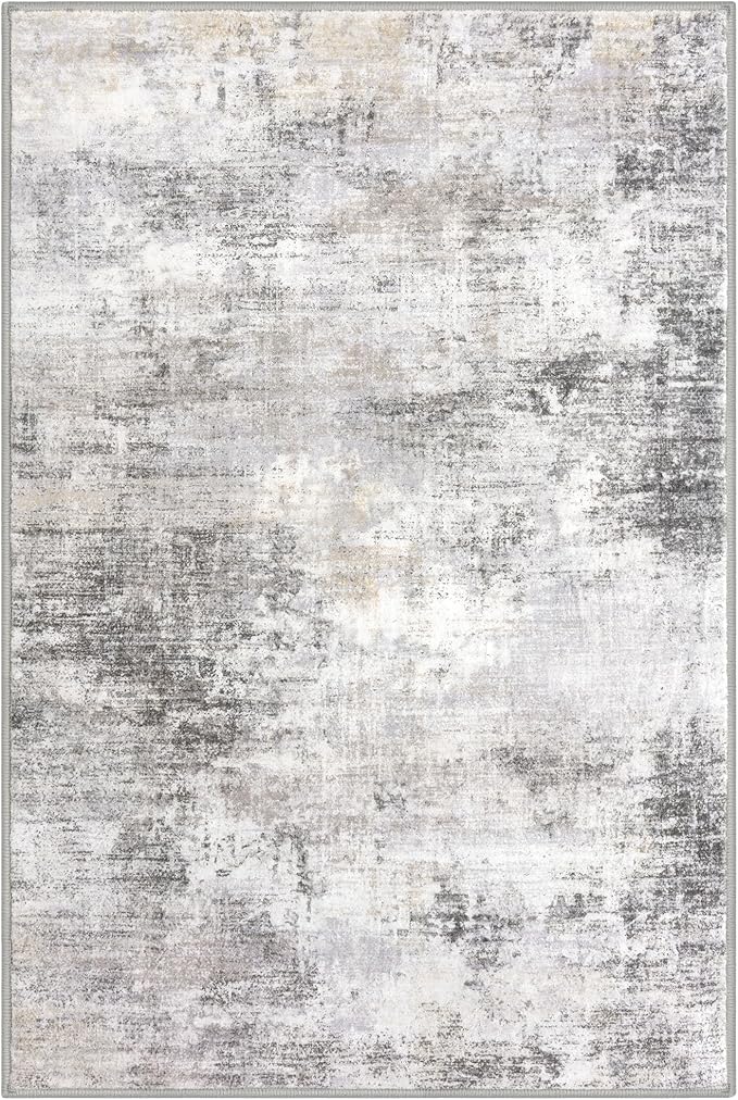 IOHOUZE Abstract Area Rugs 5x7 Ft Washable Rugs for Living Room, Non Slip Dining Room Rug, Printed Faux Wool Rugs for Bedroom, Floor Carpet for Kitchen Nursery Playroom, Grey Beige