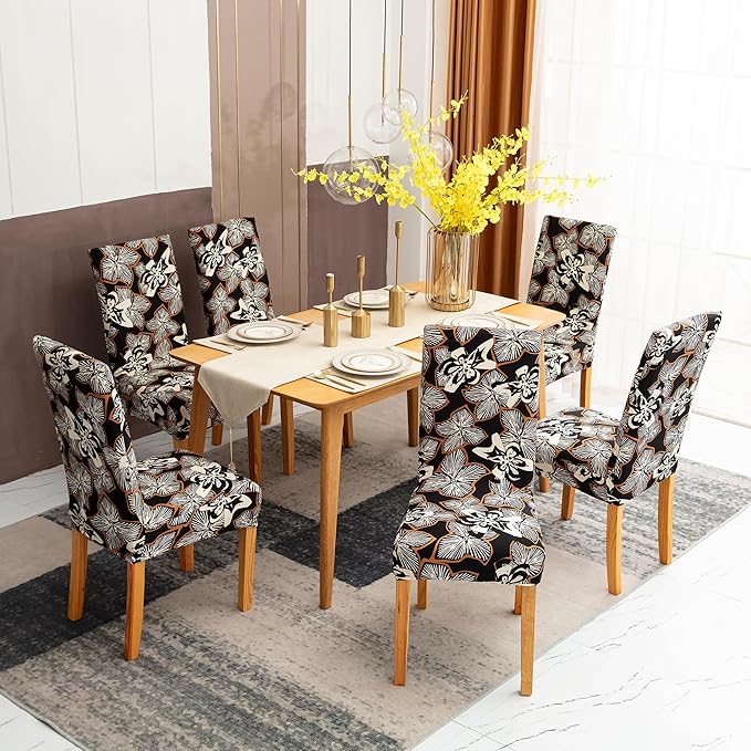 Sufdari Dining Chair Covers,Kitchen Chair Cover,Parsons Chair Slipcover,Spandex Chair Protectors for Dining Room Stretch Chairs Cover Set of 6 -Black Cream Floral