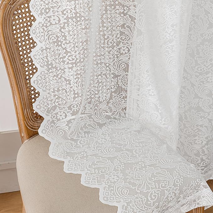 Pure White Lace Sheer Curtains – Vintage Floral Lace for Living Room/Bedroom, Light Filtering Rod Pocket Window Drapes Privacy Chic Window Treatments, 52W x 108L Inch, 2-Panel Set