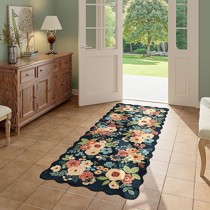 DUKINO 2x5 Washable Runner Rugs, Non Slip Floral Print Entryway Rug with Soft Low Pile, Lightweight Mat for Living Room, Bathroom, Bedroom, Kitchen, Navy Blue