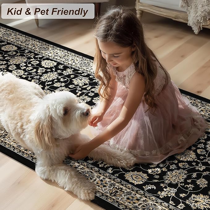 XWZO Washable Hallway Runner Rug 2x8ft — Non-Slip Low Pile Area Rug with Rubber Backing, Spill Resistant Soft Flower Floor Carpet Runner for Kitchen Entryway Doorway Bedroom Corridor, Black