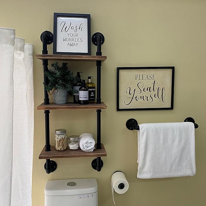 ROGMARS Industrial Pipe Shelving Solid Wood Floating Bathroom Shelves Wall Mounted Ladder Bookshelf for Living Room Wall Decor and Storage 15 inch (3 Tier)