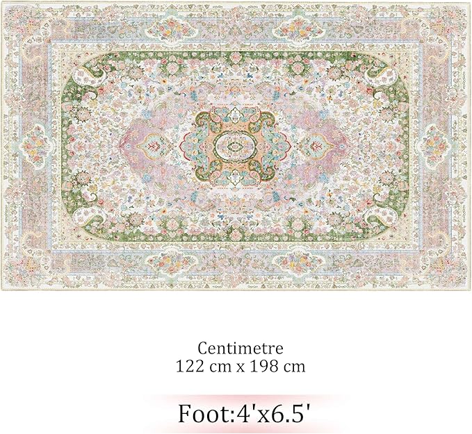 Pink Rug 4'x6.5',Washable Area Rugs for Bedroom Living Room Kitchen Entryway,Small Boho Vintage Bohemian Distressed Non Slip Carpet,Blush Green