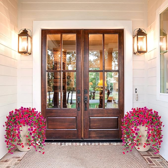 Artificial Hanging Flowers for Outdoor, 2pcs Fake Plants Long Vine Morning Glory Eucalyptus, UV Resistant Realistic Faux Greenery Indoor Outside Patio Porch Garden Spring Summer Decor, Purple Rose