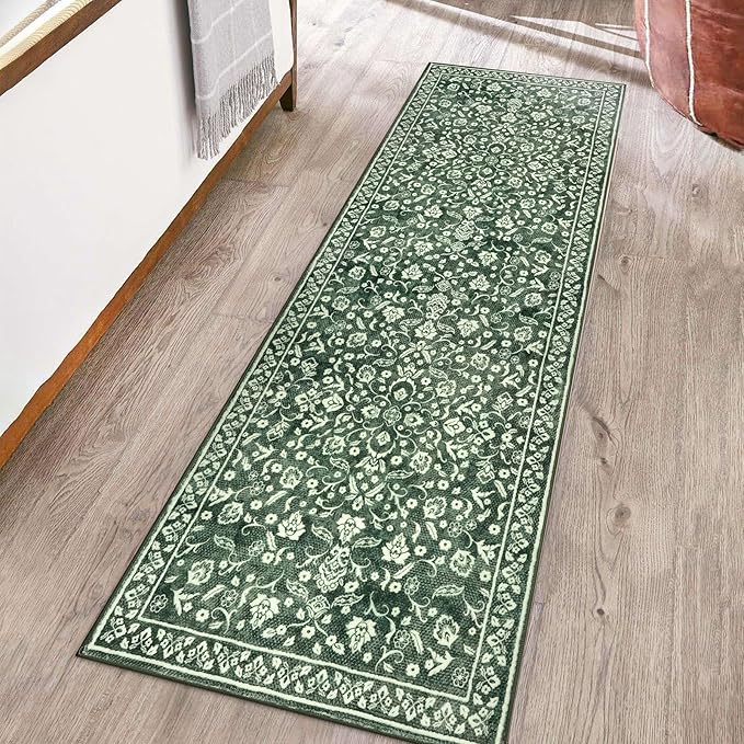 Vintage Washable Runner Rug 2x6, Forest Green Runners for hallways, Super Soft Kitchen Runner Rug Non Slip, Printed Faux Wool Thin Carpet Runner for Entryway Indoor Laundry Room Bedroom