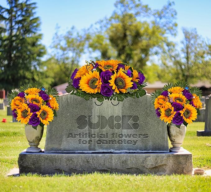 SUHOOKOO Cemetery Flowers with Vase for Grave Decor, Silk Sunflower Rose Headstone Flower,Tombstone Flower - Bright and Colorfast,Purple/Yellow