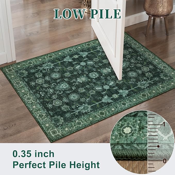 Tangsoo Green Washable Entry Rug, 2x3 Small Area Throw Rugs for Entryway Non Slip, Distressed Vintage Floral Thin Rug for Kitchen Bedroom, Low Pile Floor Carpet Front Door Mat for Entrance Foyer Decor