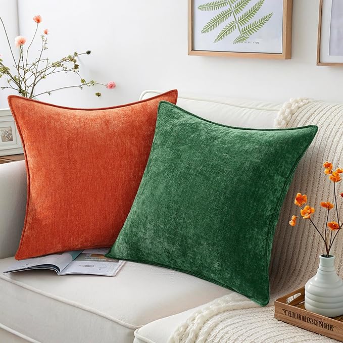decorUhome Christmas Couch Throw Pillow Covers 26x26 Set of 2, Decorative Soft Euro Velvet Neutral Chenille Pillow Covers with Elegant Design for Sofa Bed Living Room Home Decor, Green