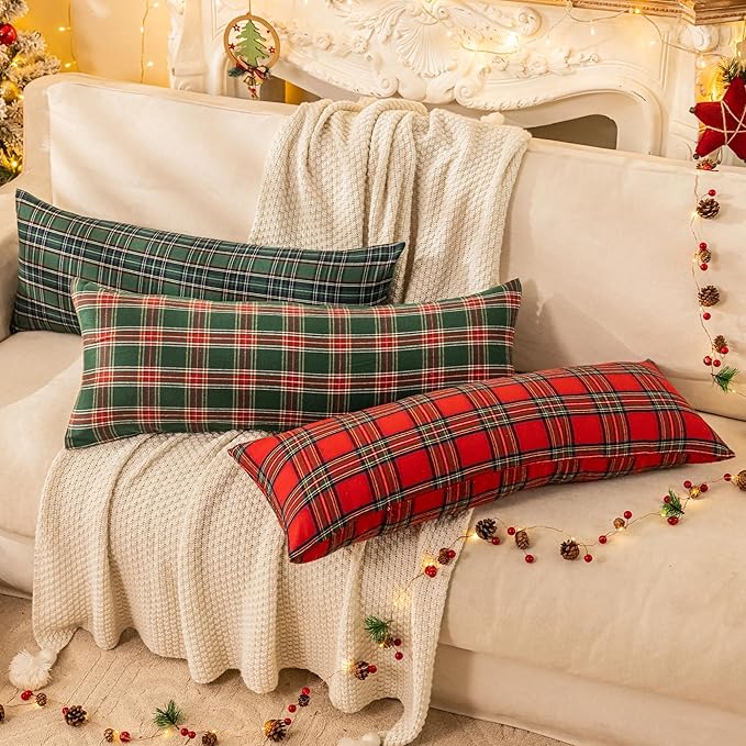 AQOTHES Pack of 2 Christmas Plaid Decorative Throw Pillow Covers Scottish Tartan Cushion Case for Farmhouse Home Holiday Decor Red and Green, 14 x 36 Inches