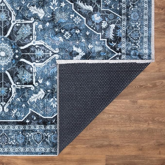 Bloom Rugs Caria Washable Non-Slip 12 ft Runner - Blue/Charcoal Traditional Runner for Entryway, Hallway, Bathroom, and Kitchen - Exact Size: 2'6" x 12'