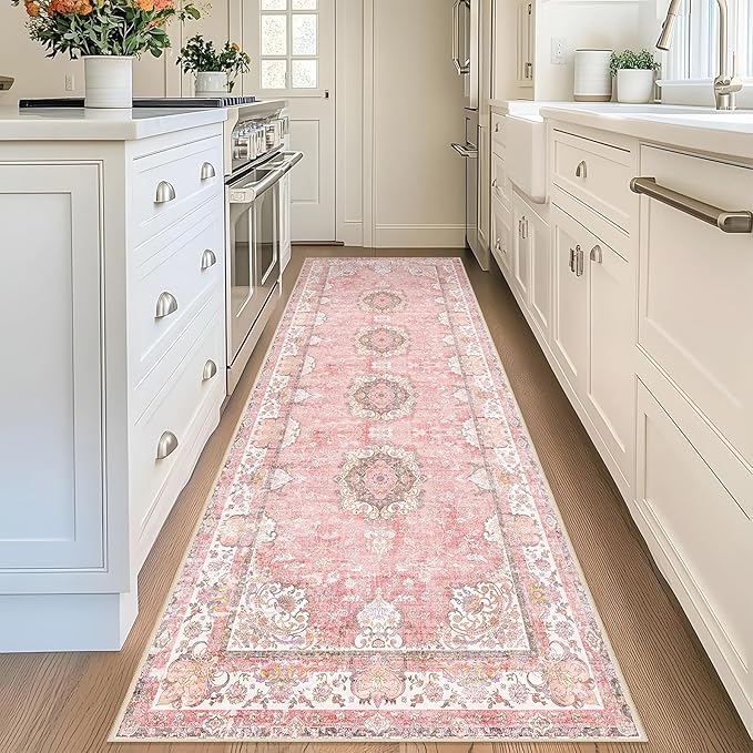 Washable Runner Rug 2'x8',Pink Rug Runners Non Slip,Long Boho Rugs for Hallways Kitchen Bathroom Bedroom Entryway,Vintage Bohemian Distressed Floor Carpet,Blush Floral Flowers