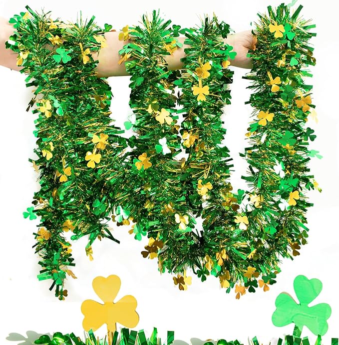 50FT St Patricks Day Garland Gold Green Shamrock Tinsel Garlands, Metallic Streamer Twist Irish Shamrock Garland Decorations for Tree Mantle, DIY Irish St Patricks Day Decorations
