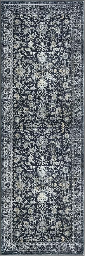 KILOCOCO Hallway Runner 2x6 Rug Runner Printed Vintage Floral Washable Kitchen Runners Non-slip Rubber Backed Runners for Hallways Laundry Room Distressed Boho Rugs for Entryway Bedroom, Navy/Charcoal