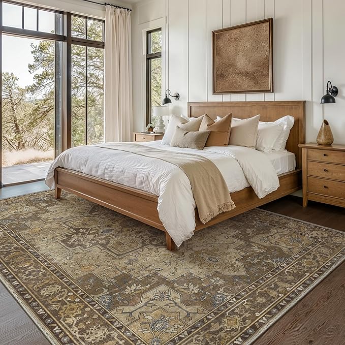 GENIMO 8x10 Area Rugs for Living Room, Machine Washable Non Slip Vintage Rugs, Low Pile Lightweight Chenille Print Rug for Bedroom, Dining Room, Home Office, Rustic Brown
