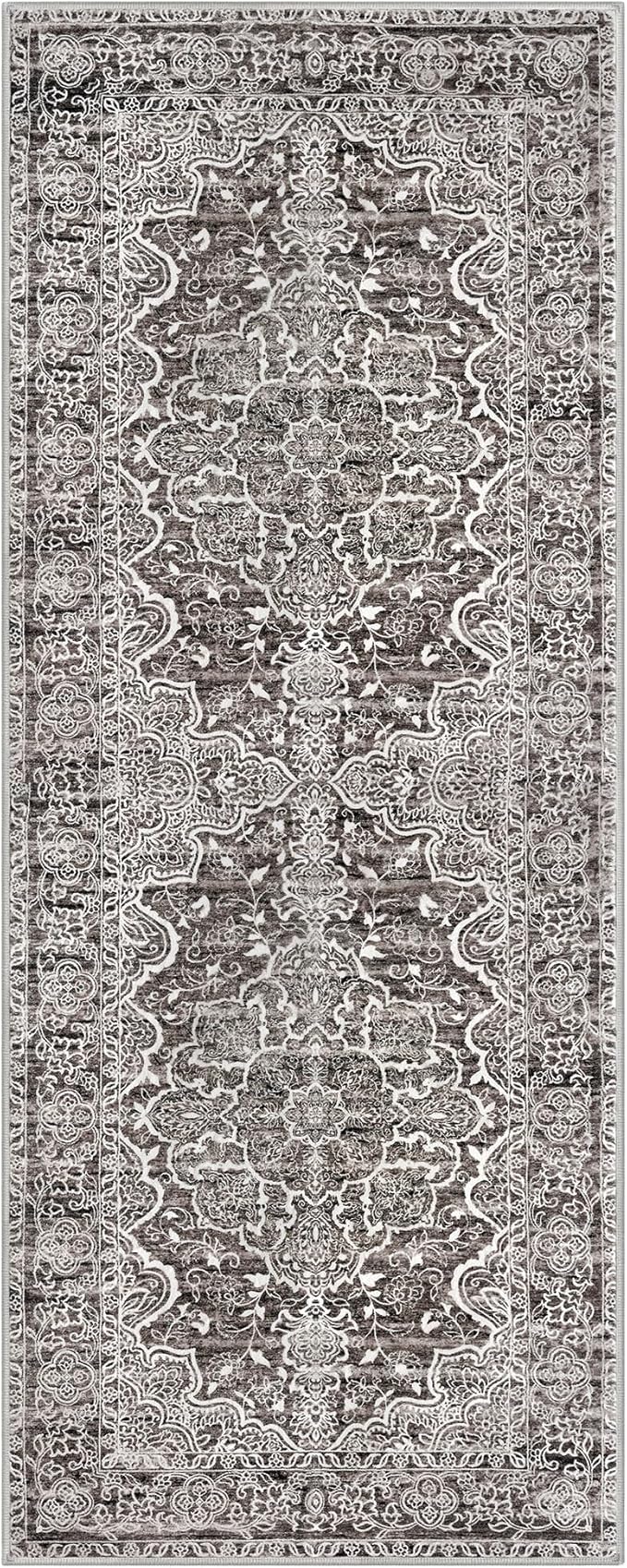 KUTA Runners for Hallways 2x6 Tan Grey, Vintage Floral Kitchen Rugs Non-Slip Washable Runner Ultra Soft Printed Retro Flower Carpet Entryway Rug for Bedroom Laundry Nursery Entryways