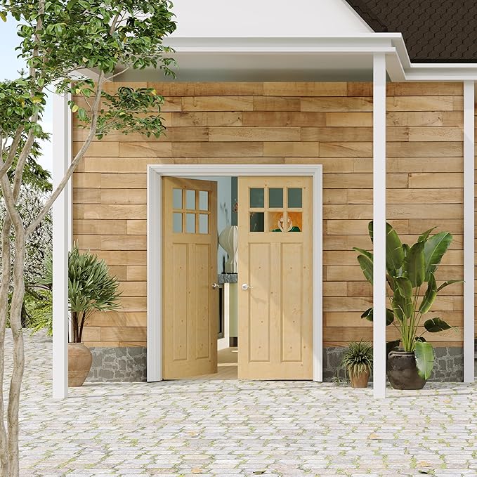 Exterior Doors, 72" x 80", 6-Panel Clear Glass Front Door, Solid Wood & MDF Entry Doors, Waterproof Primed, Easy DIY Install-Pine