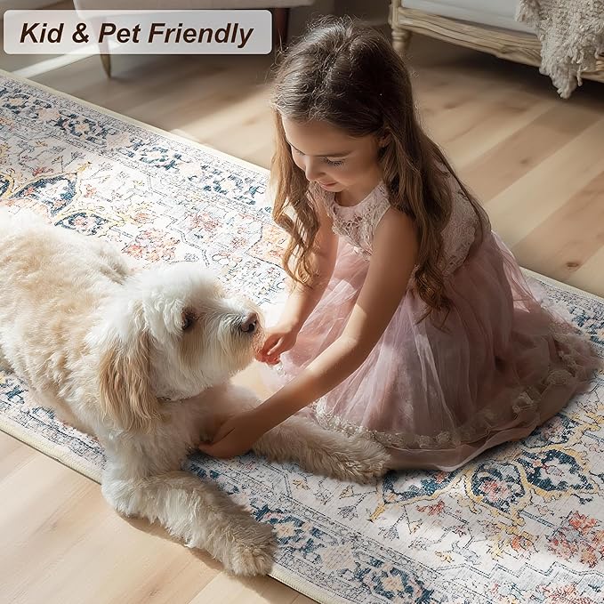 XWZO Runner Rug 2x10ft for Long Hallways, Washable Non-Slip Low Pile Area Rug with Rubber Backing, Spill Resistant Soft Vintage Floor Carpet for Kitchen Entryway Stair Landing Living Room, Colorful