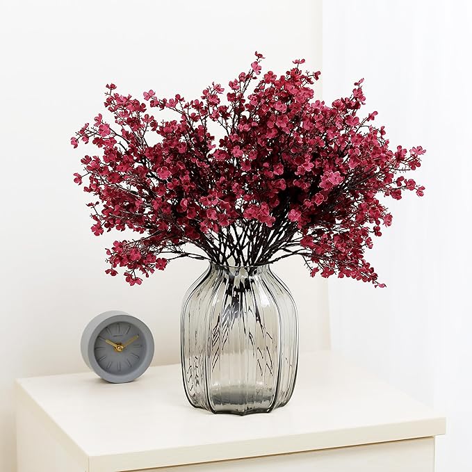 JAKY-Global Babys Breath Fabric Cloth Burgundy Artificial Flowers 6 Bundle European Fake Silk Plants Decor Wedding Party Decoration Bouquets Real Touch DIY Home Garden (Wine Red)