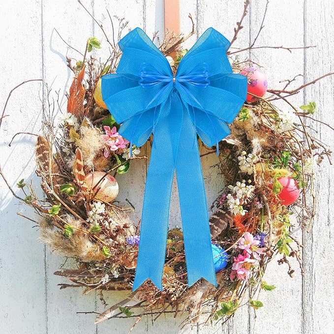 2 Pack Blue Christmas Tree Bows 12x20inch Large Burlap Wreath Bow with Glitter String for Christmas Tree Topper,Home Front Door Decor,Easter Bow,Valentines and Party Decor