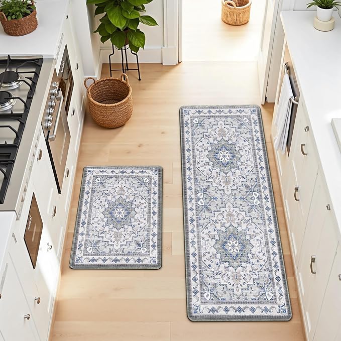 Boho Kitchen Mats for Floor 2 Piece Set Anti Fatigue Cushioned PVC Kitchen Rugs Non Slip Waterproof Farmhouse Mats 2/5 Inch Comfort Standing Mat for Sink, Laundry, 17.3"x47"+17.3"x28", Blue Grey
