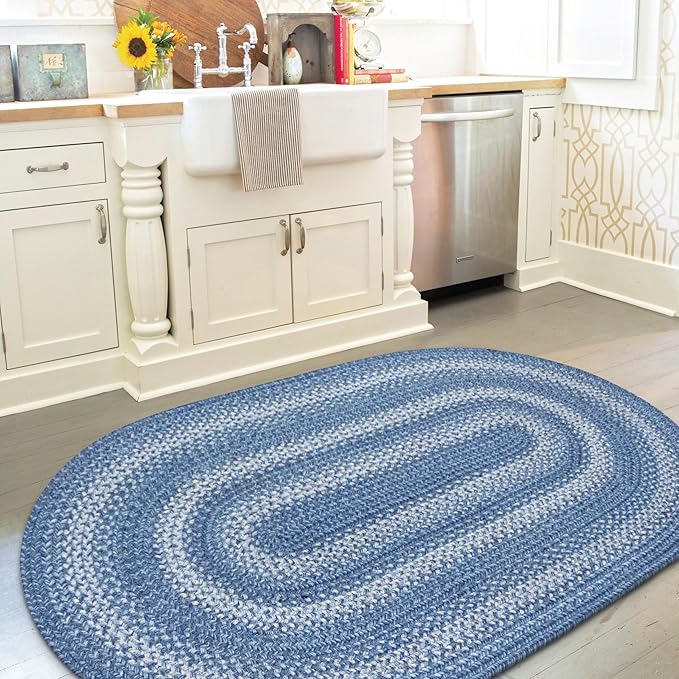 Homespice Denim Blue Oval Braided Rugs 2x3' - Country Oval Bathroom Rugs, Durable, No Shed Jute for Low Maintenance.