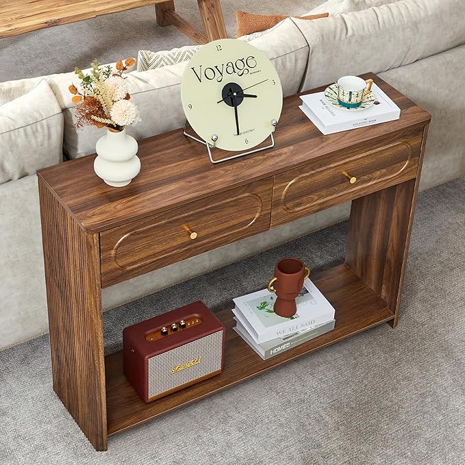 ORRD Fluted Console Table with Drawers, Mid-Century Narrow Entryway Table with Open Storage Shelves, Hallway Accent Tables Behind Couch Tables for Living Room (Walnut)