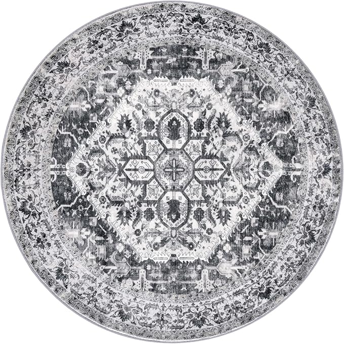 KOZYFLY Round Rug 6 Ft Rugs for Entryway Washable Circle Rug Non Slip Round Living Room Rugs Printed Faux Wool Round Dining Room Floor Carpet for Living Room, Entryway, Bedroom, Grey