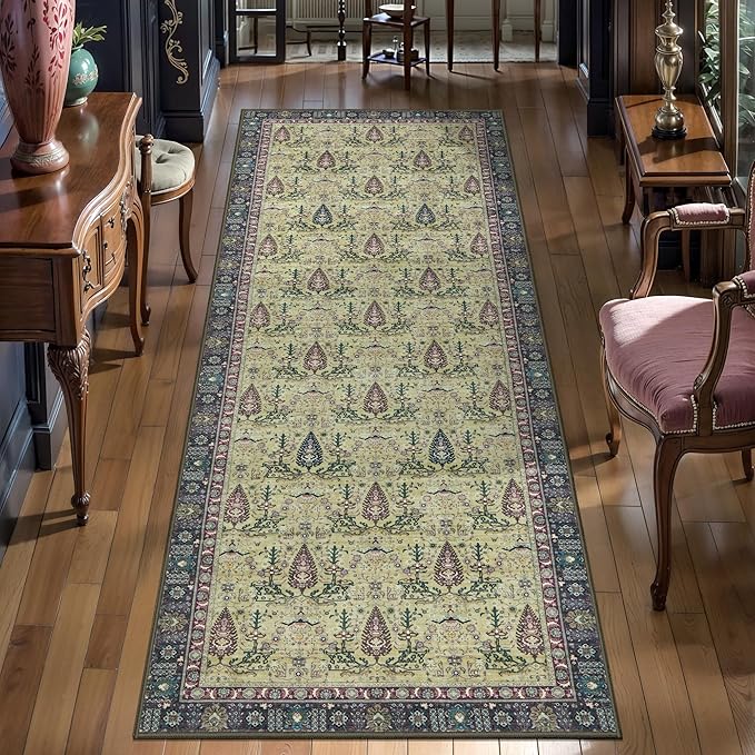 Tangsoo 2x6 Washable Runner Rug for Hallways, Non Slip Vintage Boho Purple Floral Rug for Entryway Kitchen Laundry, Non Slip Soft Low Pile Indoor Rug for Bedroom Bathroom Beside