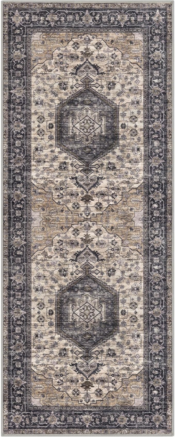 KUTA Runners for Hallways 2x6 Ivory Grey-Black, Vintage Floral Kitchen Rugs Non-Slip Washable Runner Ultra Soft Printed Retro Flower Carpet Entryway Rug for Bedroom Laundry Nursery