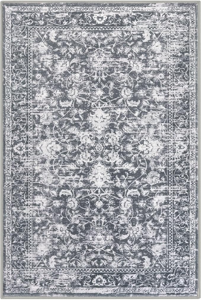 KILOCOCO Area Rug 5x7 Living Room Rug Washable Printed Vintage Floral Non Slip Soft Rubber Backed Indoor Bedroom Rugs for Laundry Room Kitchen Playroom Moroccan Area Rugs, Grey