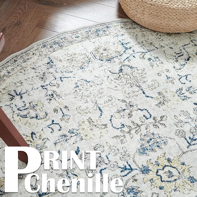jinchan Kalen Round Rug 7ft Area Rug Washable Vintage Indoor Retro Accent Floor Cover Distressed Floral 7' Round Circle Boho Non Slip Thin Carpet for Living Room Dining Room Bedroom Kitchen Blue