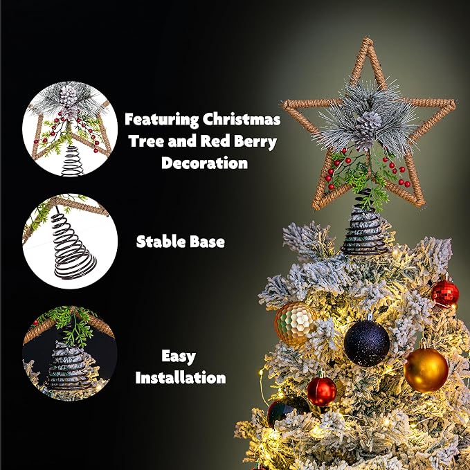 DUSVALLY Christmas Tree Topper - Metal Decoration with Holly Berry for Christmas Tree Top, Xmas Tree Topper Hat with Pine Cone & Holly Decor, Gift for Home & Office, 11" H