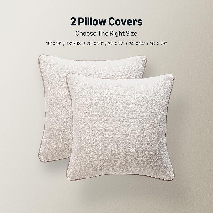 Amazon Basics Boucle Throw Pillow Covers for Couch, Living Room, Home Decor with Hidden Zipper, White, 16×16in, Pack of 2