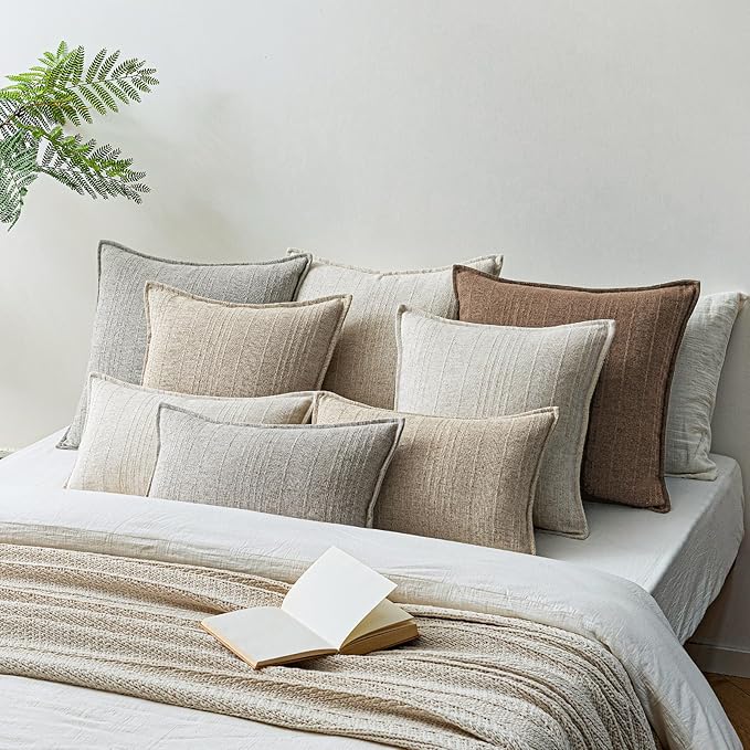 a moment Linen Pillow Covers Set of 2,Boho Farmhouse Throw Pillowcases Neutral Textured Decorative Covers for Couch Sofa,Soft Linen Blend Accent Case Cushion Living Room Home Decor 20"x20"Hazel