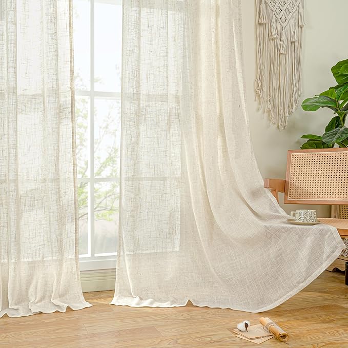 LAMIT 54 inches Long Semi Sheer Linen Curtains 2 Panels, Cream Ivory Light Filtering Panels Back Tab and Rod Pocket Boho Neutral Drapes for Living Room/Bedroom/Farmhouse, 38 x 54 Inch