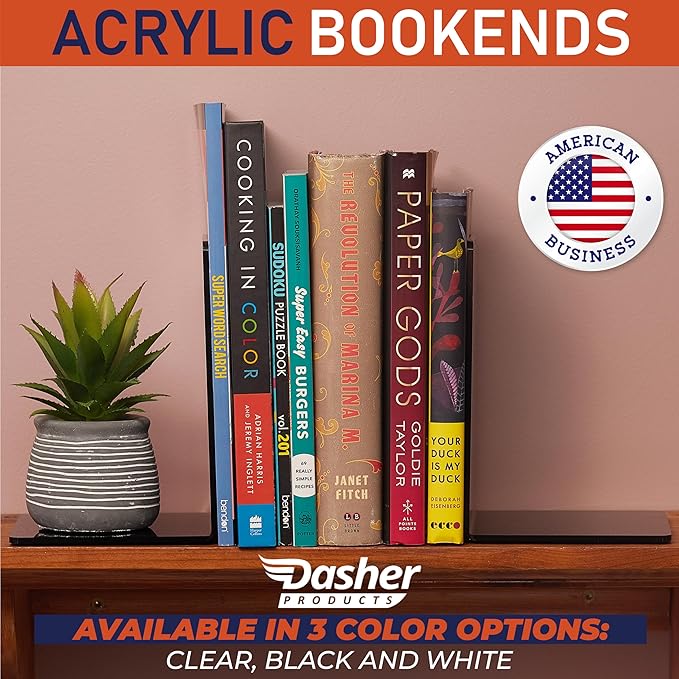 Acrylic Bookends, 2 Pairs of Black Invisible Ends for Shelves, 4mm Heavy-Duty Non-Skid Holders for DVDs, CDs, Video Games, and Books. Stoppers for Home, Office, or Library Organization (Black)