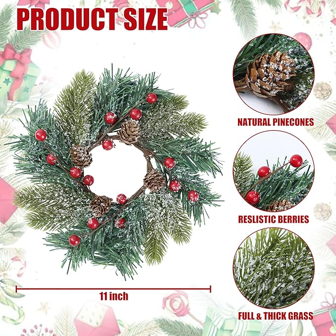 Sggvecsy 6 Pcs Christmas Candle Rings Norfolk Pine Wreath Table Centerpieces Artificial Red Berries Pinecones Small Wreaths Kitchen Cabinets Pillars Mini Candle Rings for Window Front Door Decor
